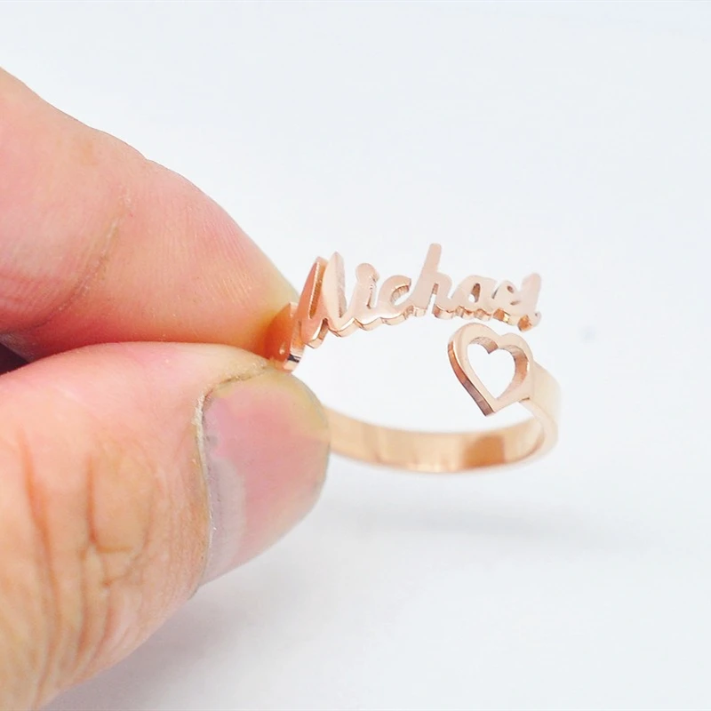  Custom Heart Name Ring Adjustable Size Stainless Steel Rose Gold Personalized Wedding Rings For Wom