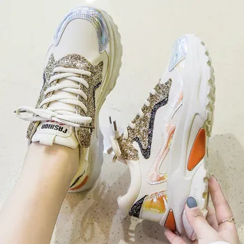 

2020 Female Version of The Wild Sequined Sneakers Women's Thick Bottom Increased Women's Shoes A Pedal Sneakers E14-42