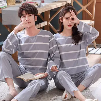 

Striated Women/men Pajamas Sets Lovers Lounge Sleepwear Long-sleeve Tops +pants Gray Homewear Pijamas Pyjamas Women Pj Set Pijam
