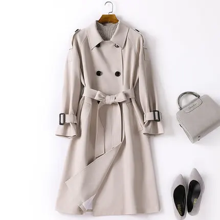 Beige Осенняя модная Длинная ветровка Женская Высококачественная двубортная Тренч с поясом черная Офисная Женская деловая верхняя одежда цвета хаки - Цвет: Beige