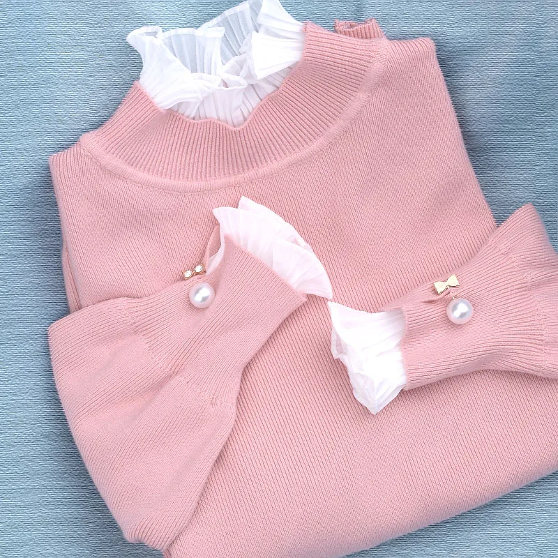 Pearl Knitted Women Sweaters and Pullovers Ruffles Lace Patchwork Solid Lantern Sleeved Lady Elegant Pulls Fashion Outwear Tops | Женская