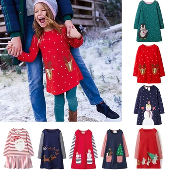 

Girls Christmas Pattern Dress Fall Long Sleeve Casual Clothing Santa Claus Snowman Reindeer Applique Cotton Frocks Baby 2T - 7T