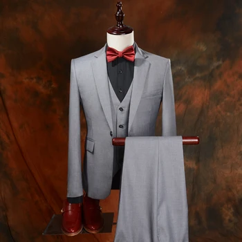 

Fashion Men Suits Light Grey Style Leisure Male Blazers Suit Slim Fit Prom Groom Suits (Jacket+Pants+Tie+Vest) A153