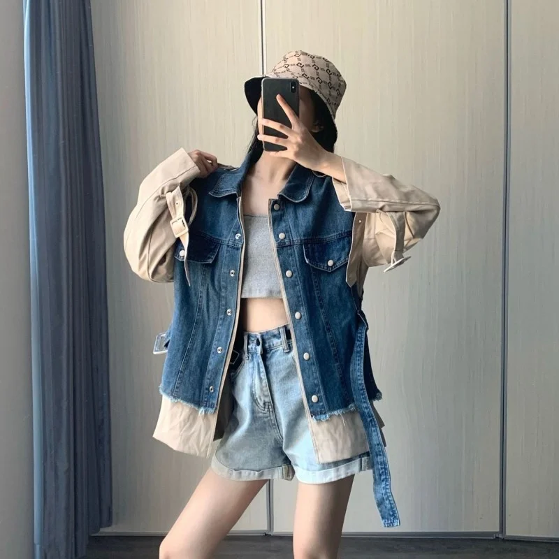 

Джинсовое пальто женское осеннее Новое винтажное Свободное пальто-Тренч с длинным рукавом и поясом дизайнерская Офисная Женская Повседневная ветровка