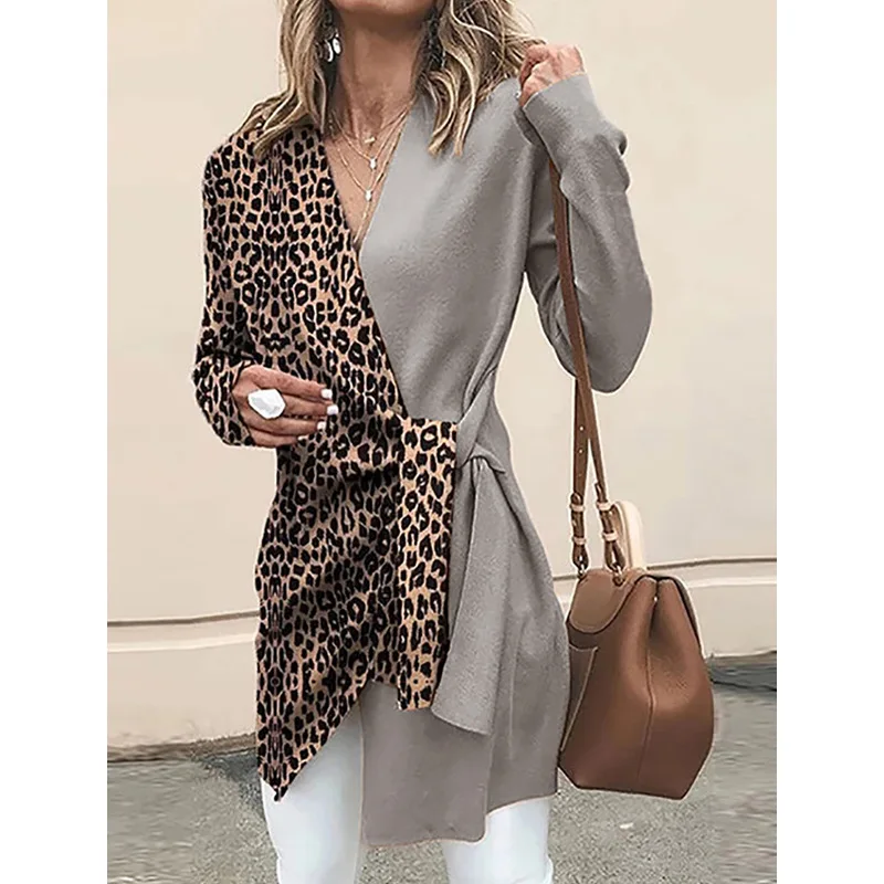 Зимняя верхняя одежда, леопардовая Элегантная куртка для женщин, длинное женское пальто с животным принтом, женские пальто и куртки размера плюс - Цвет: gray