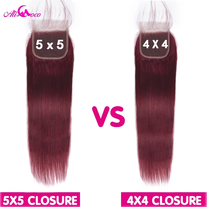 Ali Coco 5x5 Closure With 99j Red Burgundy Colored Brazilian Straight Hair Bundles Human Hair Bundles With 5x5 Closure Baby Hair