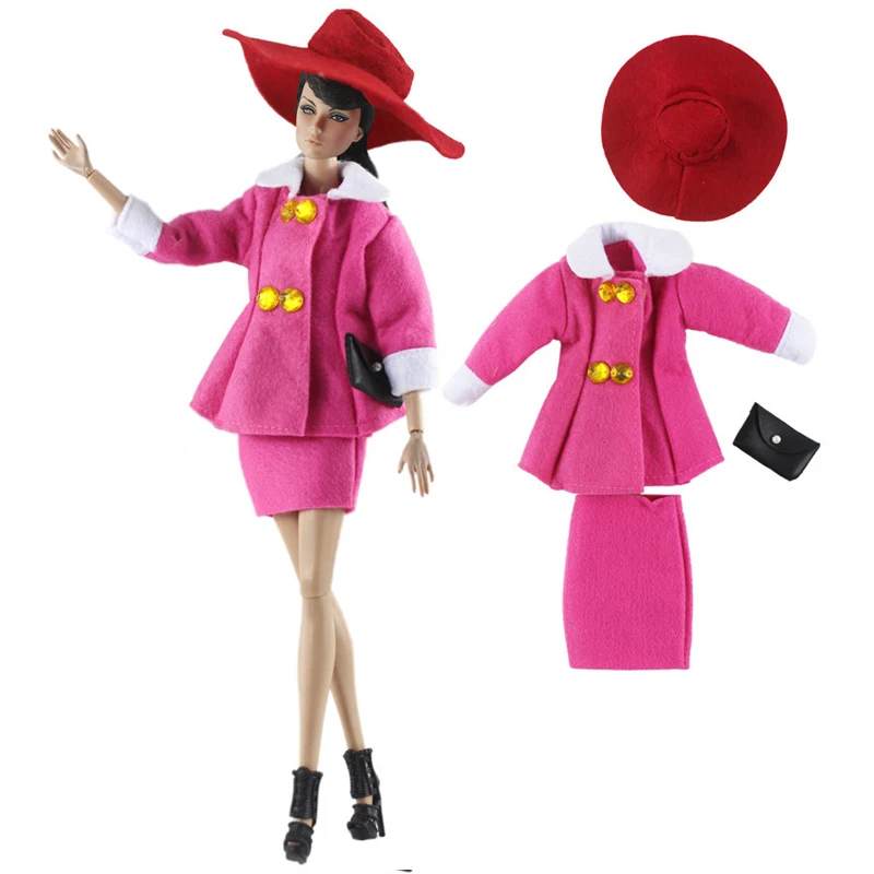 1 комплект, Розовая Одежда для куклы Барби, топ, пальто, черная сумка, красная шляпа, короткое платье для 1/6, BJD, Одежда для кукол, кукольный домик, детская игрушка