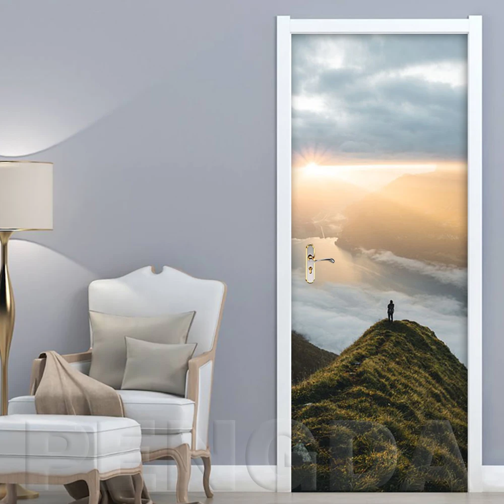 Self Adhesive Decal PVC Door Sticker Picture Snow Mountain Scenery Paper DIY For Living Room Waterproof 3D Print Art Home Decor - Цвет: Door LXR3456-01