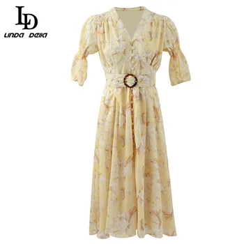 

LD LINDA DELLA 2020 Summer Fashion Vacation Dress Women V-neck Ruched Belted Printed Chiffon Dress Ladies Midi Dress vestido