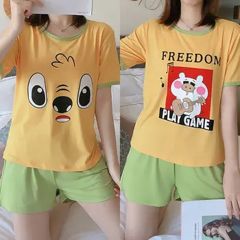 

2020 Korean Cute Cartoon Pyjamas Pjs Women Sets Printing Indoor Clothing Home Sleepwear Pajamas Shorts Woman Pijama Mujer Femme