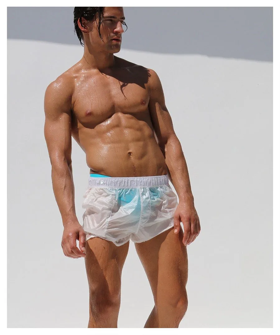 Новые мужские плавки без подкладки, полностью прозрачные сексуальные шорты-боксеры, Мужская одежда для плавания, купальный костюм, шорты для пляжа, серфинга