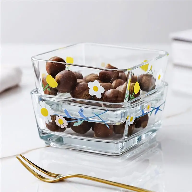 4pcs Glass Bowls Multifunction Salad Bowl Square Fruit Vegetable Bowl Home Kitchen Gadget Eco-Friendly Noodle Snack Dish Plate