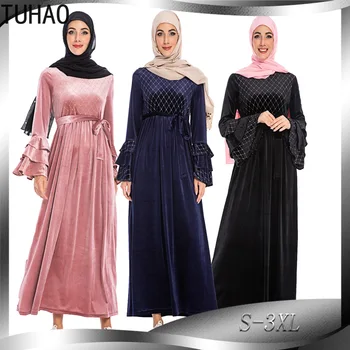 

TUHAO autumn Winter pink blue Black Dress Long Sleeve Velvet Loose Maxi long Dresses Vestidos Plus Size Muslim Abaya 3XL WM34