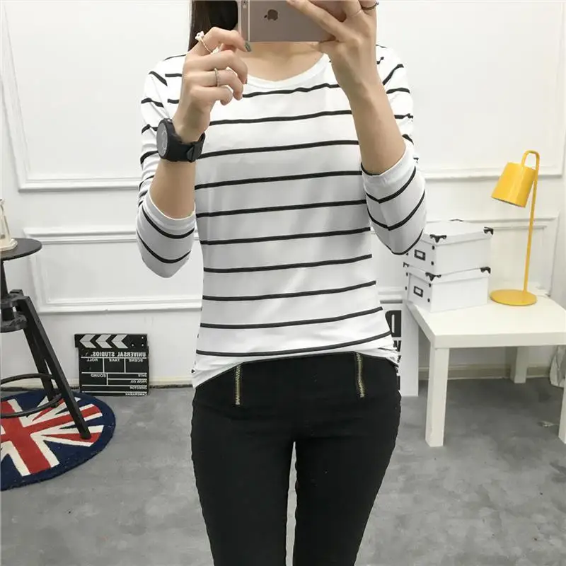 Stripes Womens Tshirt O Neck T Shirts Skinny Long Sleeve Clothes Women