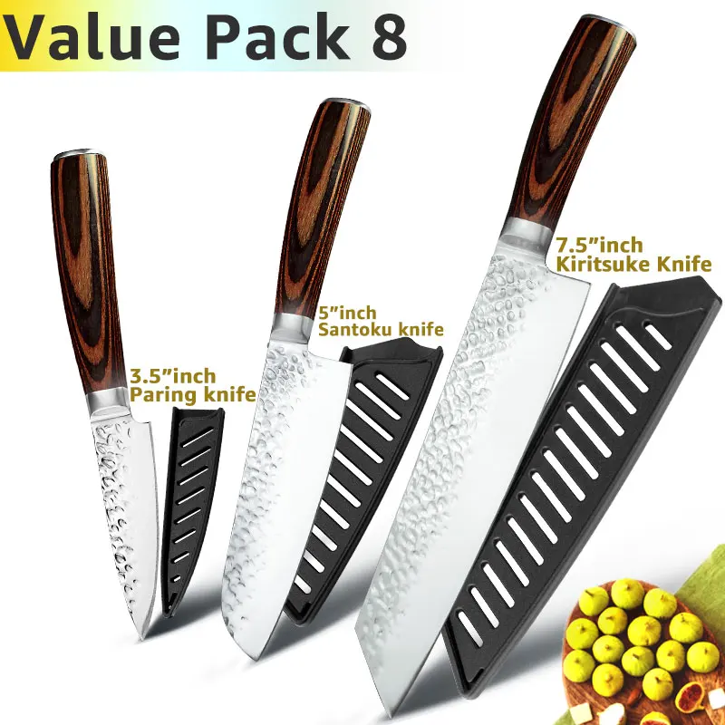 Кухонный нож, 8 дюймов, профессиональные японские поварские ножи 7CR17 440C, высокоуглеродистая Нержавеющая сталь, нож для мяса, нож сантоку - Цвет: Value pack 8