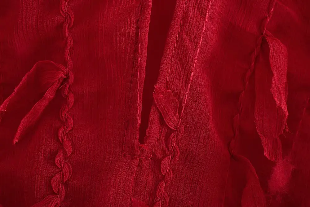 Женская красная блуза с бахромой и высоким воротником и длинным рукавом, модные топы DWDD87164