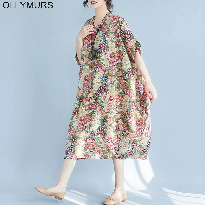 2019 Summer Fashion Loose Dress 4XL 5XL 6XL 7XL Plus Size Cotton Linen Women Art Printed Short Sleeve Floral Maxi | Женская одежда