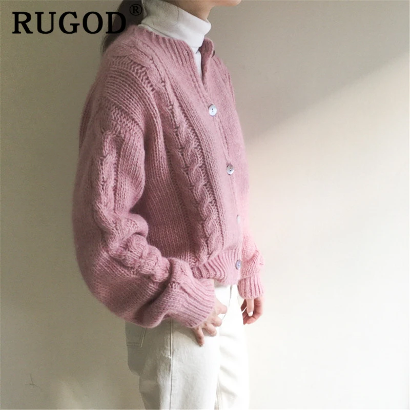 RUGOD, новинка, корейский витой женский кардиган,, Ретро стиль, однотонный, однобортный, зимний, теплый, вязанный, верхняя одежда, женский модный свитер