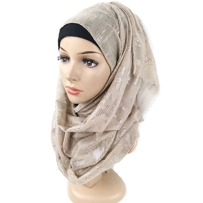 Fancy Beautiful Sequin Scarf Hijab Breathable Scarf Cotton Wrap Turban Shimmer Femme Muslim Dress Islamic Clothing