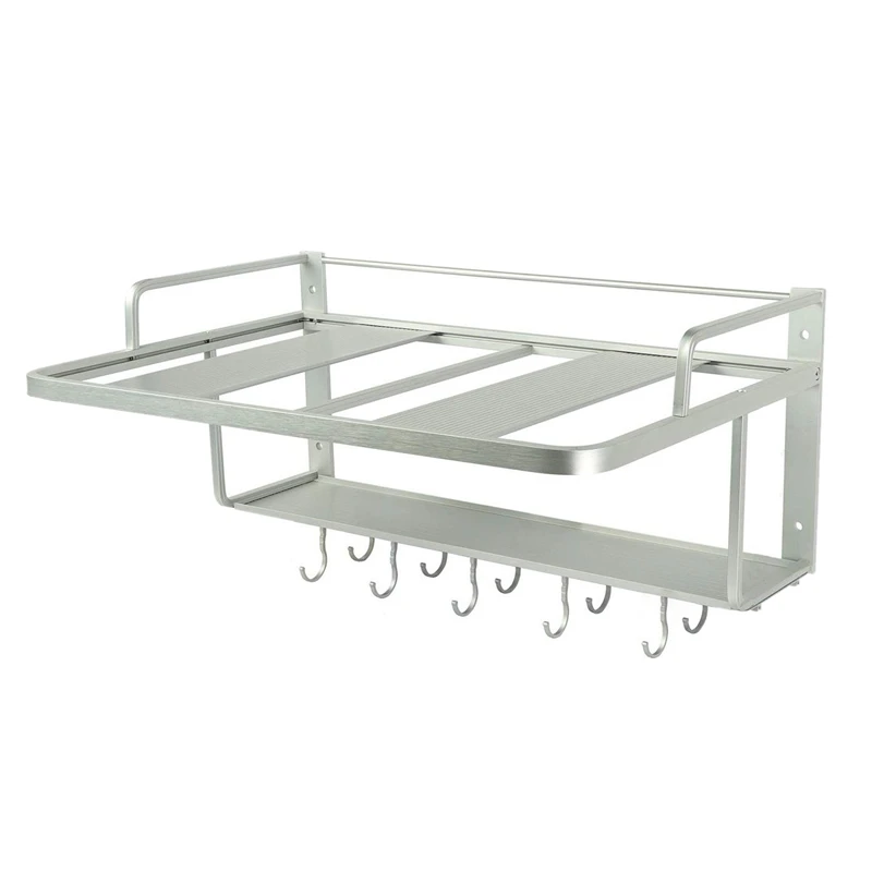 

2 Layers Space Aluminum Microwave Oven Rack Stand Kitchen Shelf Holder Wall Hanging with 10 Hooks