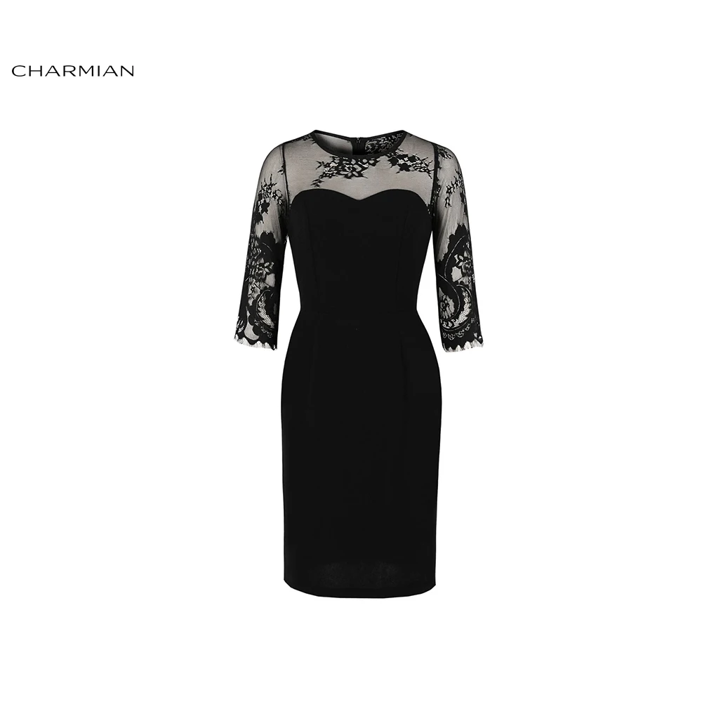 Black Charmian женский сексуальный черный из прозрачной ткани Цветочные Сетки Половина рукава сплайсированные высокая Талия Вечерние Платья Миди - Цвет: Black