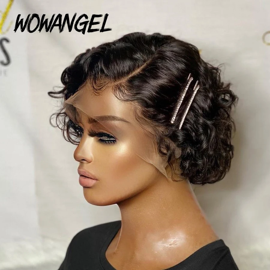 Peruca de Cabelo Frente do Laço Perucas de Cabelo Perucas de Frente do Laço Encaracolado Curto Pixie Corte Humano Pré Arrancado Nós Descorados Perucas Bob Peruca de 6 High Quality Apliques e perucas