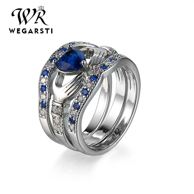 WEGARSTI 925 Sterling Silver Round Blue Gemstone Micro CZ Engagement Finger Rings Women Girls Wedding Party Fine Jewelry WEGARSTI 925 Sterling Silver Round Blue Gemstone Micro CZ Engagement Finger Rings Women Girls Wedding Party Fine Jewelry