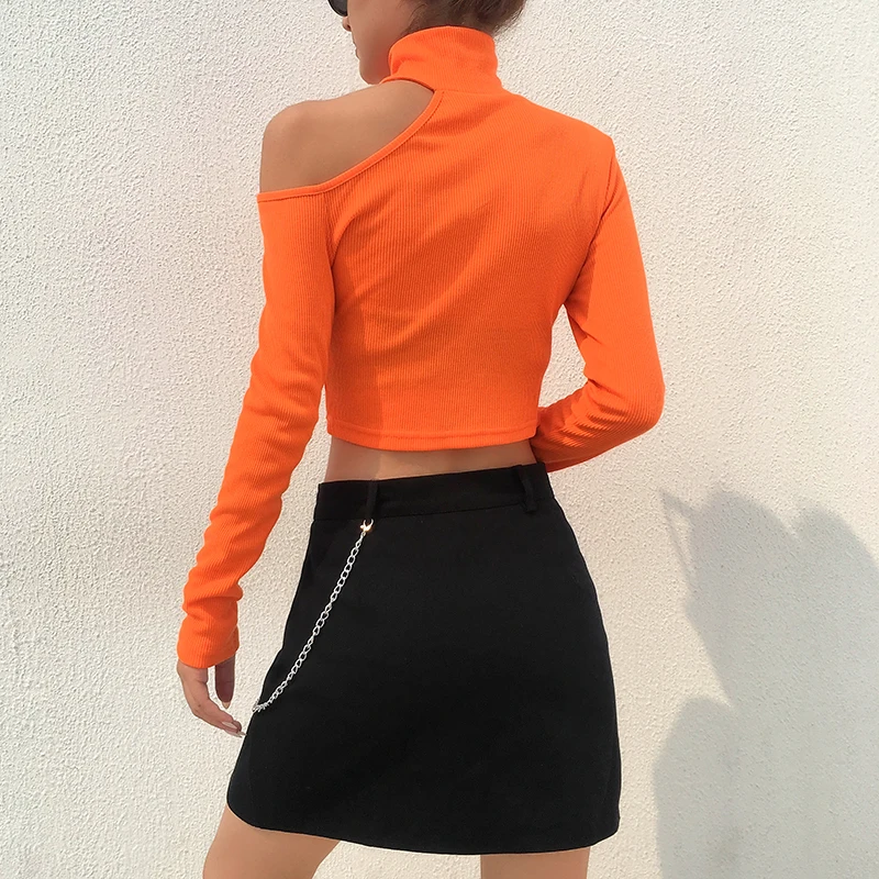 IAMHOTTY/укороченный топ на одно плечо с длинным рукавом, модная повседневная однотонная Базовая футболка, Женская неоновая оранжевая водолазка, женская футболка
