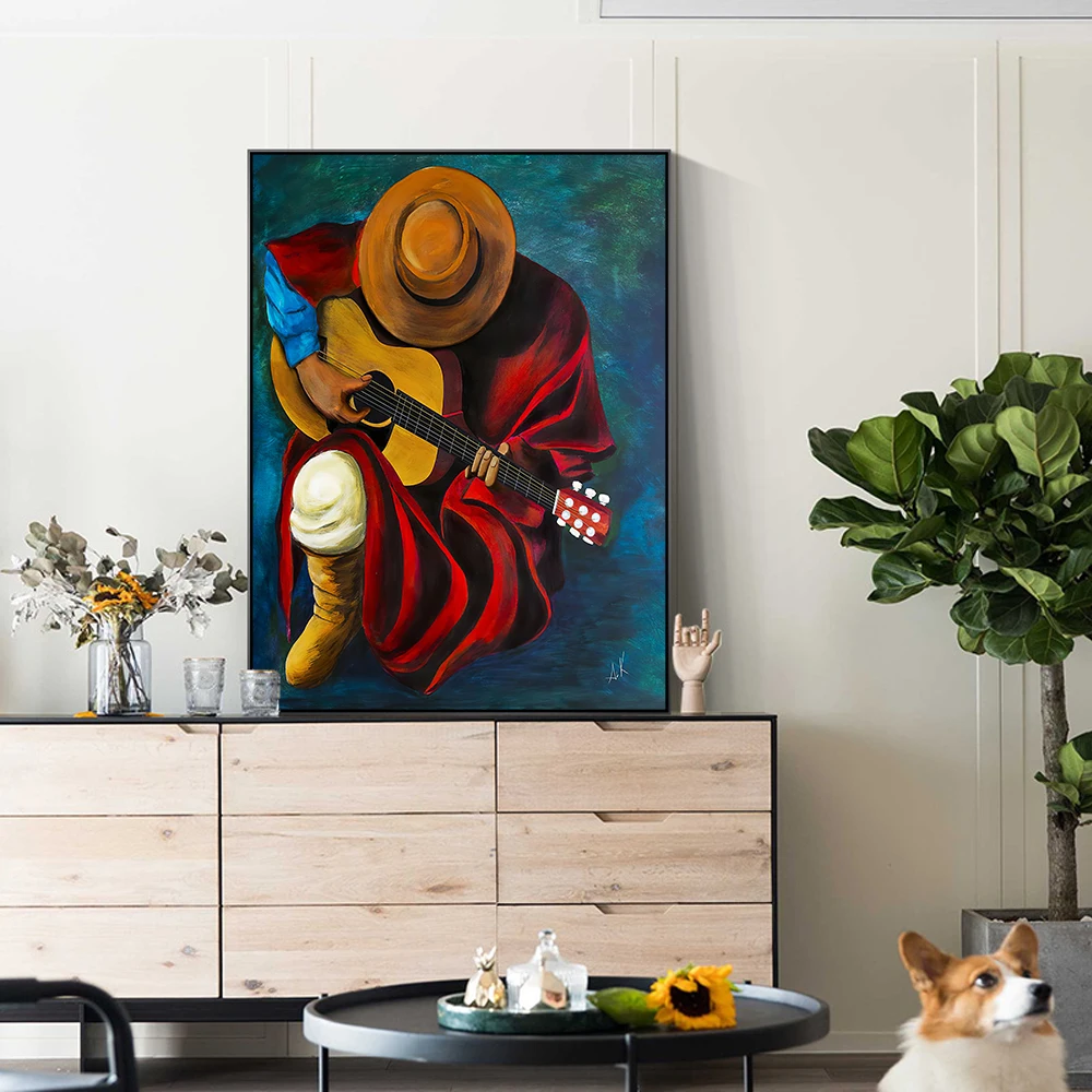 Cowboy Playing On Guitar Painting Printed on Canvas