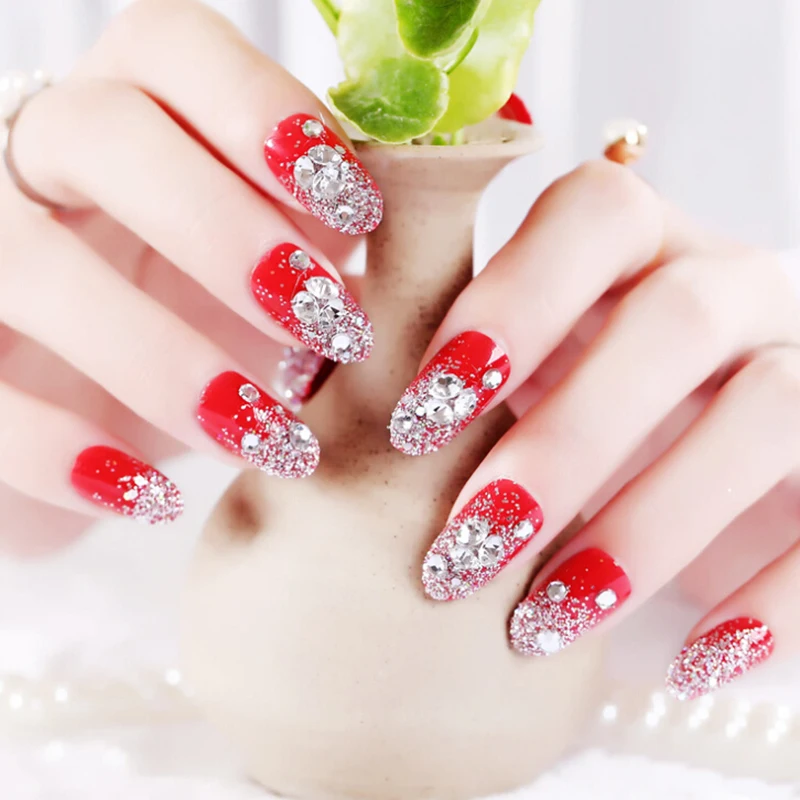 

24Pcs Red Round False Nails Acrylic UV Gel Full French Fake Nails Art Tips Tools