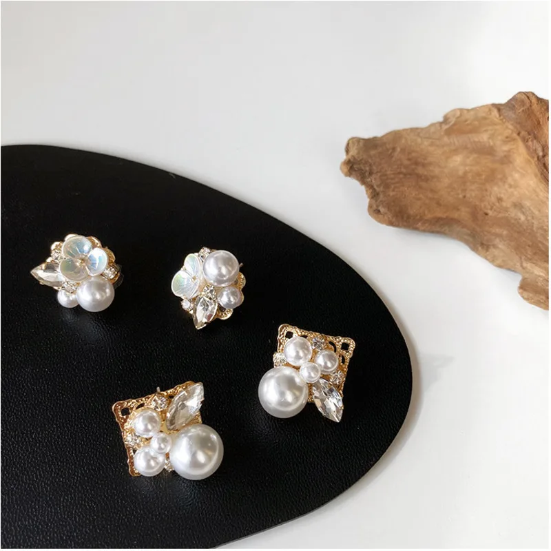 

Korea 925 Sterling Silver Small Big Pearl Shell Flower Transparent Crystal Earring For Women Ear Ring Wedding Jewelery Girl Gift
