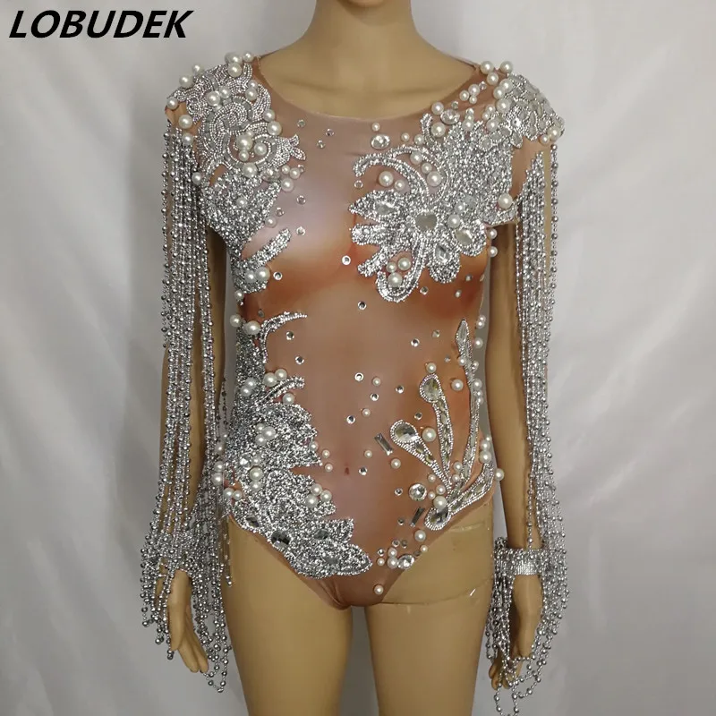 Bar Nightclub Women Stage Wear Silver Rhinestones Beading Sleeve Bodysuit Stretch Tights DJ Singer Dancer Concert Dance Costume |