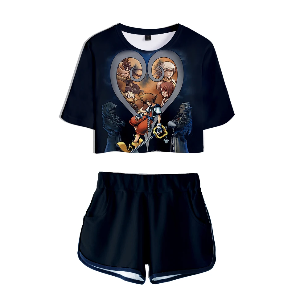 Футболки с принтом «Kingdom Hearts Midriff», шорты, комплекты для женщин,, лето, аниме, крутой сексуальный костюм, милые женские модные хип-хоп 3D костюмы для девочек