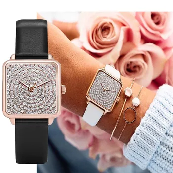 

Women Watches Luxury Rhinestone Square Dial Leather Watchband Buckle Fashion Wristwatch Female Clock Casual Sport reloj mujer