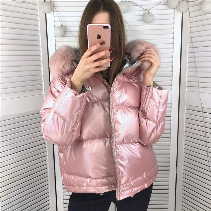 Пальто с капюшоном теплое зимнее пальто для женщин короткое яркое кожаное розовое хлопковое пальто парки Женская зимняя куртка женская парка меховой воротник XL
