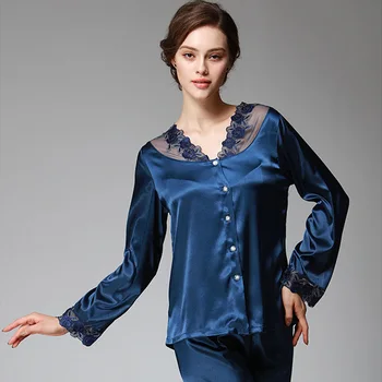 

Lace decoration silk cloth leisure homewear v-neck design nightgown 20120Women pajamas two-piece long sleeve pants