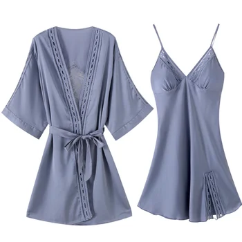 

High Quality Women Cami Nightdress Robe Two-Piece Pajama Faux Silk Home Cloth Beautiful Wedding Gown With Chest Pad