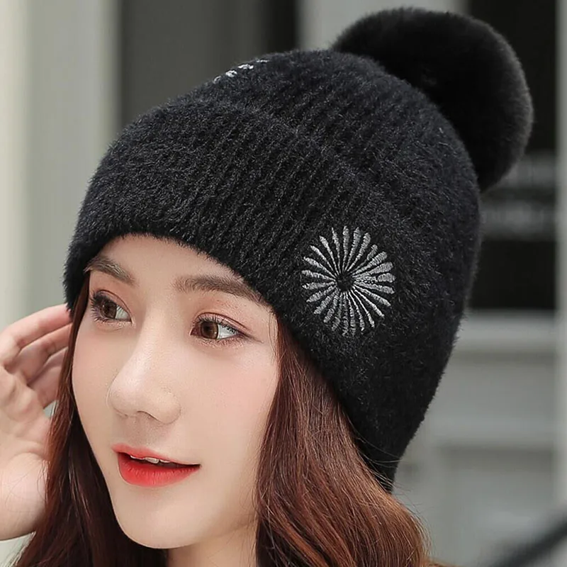 Шапка бини женская зимняя Осенняя мягкая шапка Skullies Beanies шапка с вышивкой вязаные кроличьи волосы модные женские шлепки теплые шапки