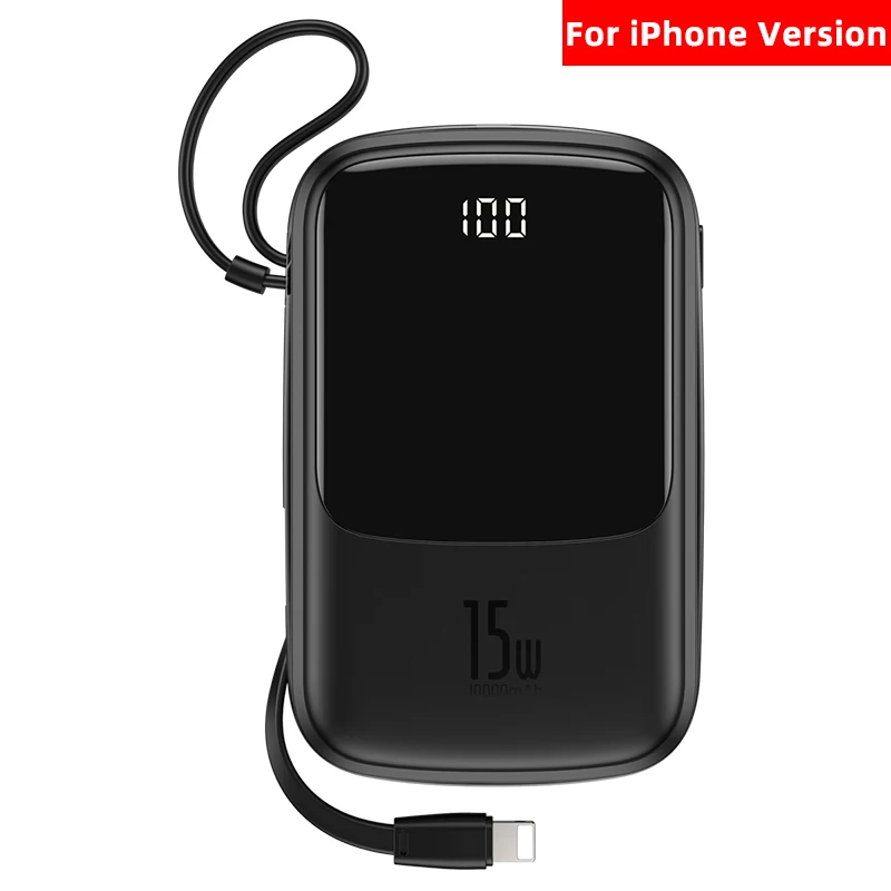 For iPhone Black Baseus Mini 10000 мАч Внешний аккумулятор с кабелем цифровой дисплей 3A Быстрая зарядка для iPhone внешний аккумулятор банк питания для samsung - Цвет: For iPhone Black