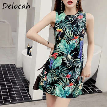 

Delocah Summer Fashion Runway A-Line Dress Sleeveless Crystal Beading Floral Print Elegant Ladies Party Short Dresses vestidos