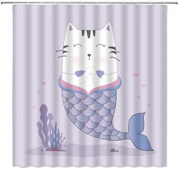 

Cat Shower Curtain Animal Cute Cat Mermaid Fishtail Funny Cartoon Kittens Coral Fashion Decor Fabric Bathroom Curtain