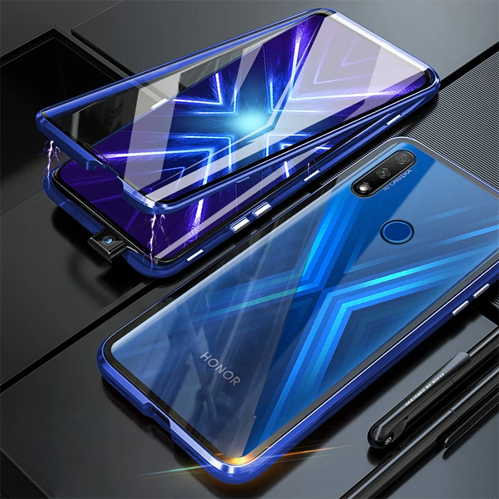 Чехол-бампер для huawei Honor 9X, металлический магнитный чехол 360, полностью двойное закаленное стекло, задняя крышка, Жесткий Чехол для Honor 9X, Премиум чехол - Цвет: Синий