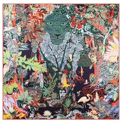 Manual Hand Rolled Twill Silk Scarf Women Animals Print Square Scarves Wraps Echarpe Curled Foulards Femme Bandana Hijabs 90CM