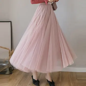 

New skirt women Spring Autumn new high waist mid-calf A-Line pleated skirts femme pink 2020