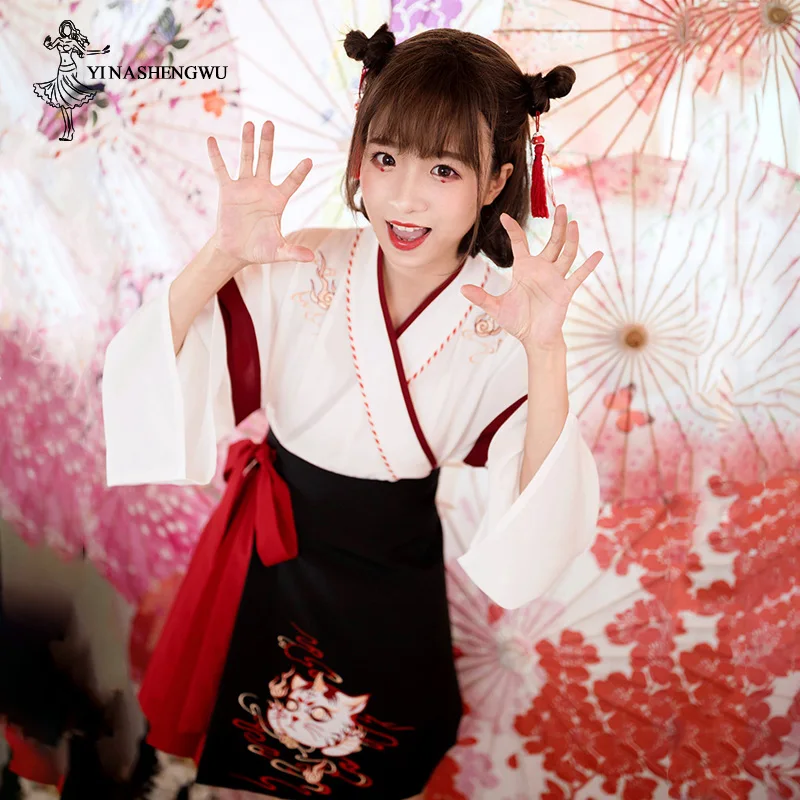 Japanese kimono Japanese Dress Kimono Woman Black White Cat Embroidery Skirts Vintage Asian Clothing Yukata Haori Cosplay Party 2 Pieces Sets