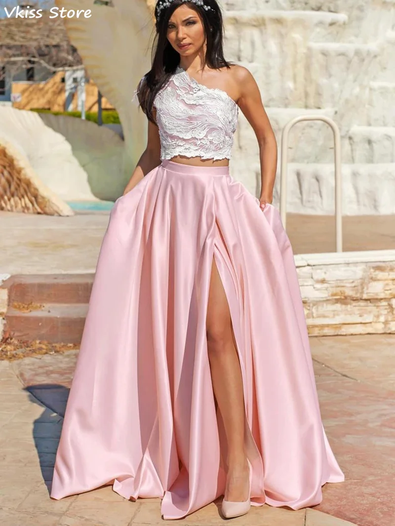 

Женское вечернее платье, розовое кружевное платье с аппликацией, на одно плечо, с карманами, атласное выпускное платье, длиной до пола, 2021