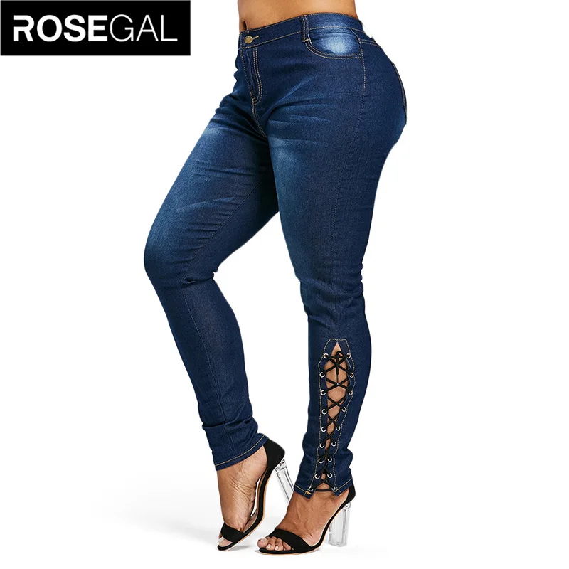 

Plus Size Zipper Fly Side Lace Up Jeans Skinny High Waist Pockets Denim Pant Women Jeans Pencil Pants Trousers Big Size XXXXL