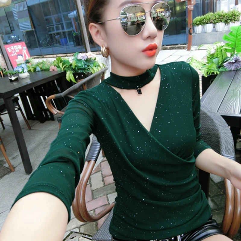 

Elastic Glitter Mesh Blouse Sexy Womens Shirts Long Sleeve Tops Korean Black Halter VNeck Elegant Slim Blouse Camisas Femininas
