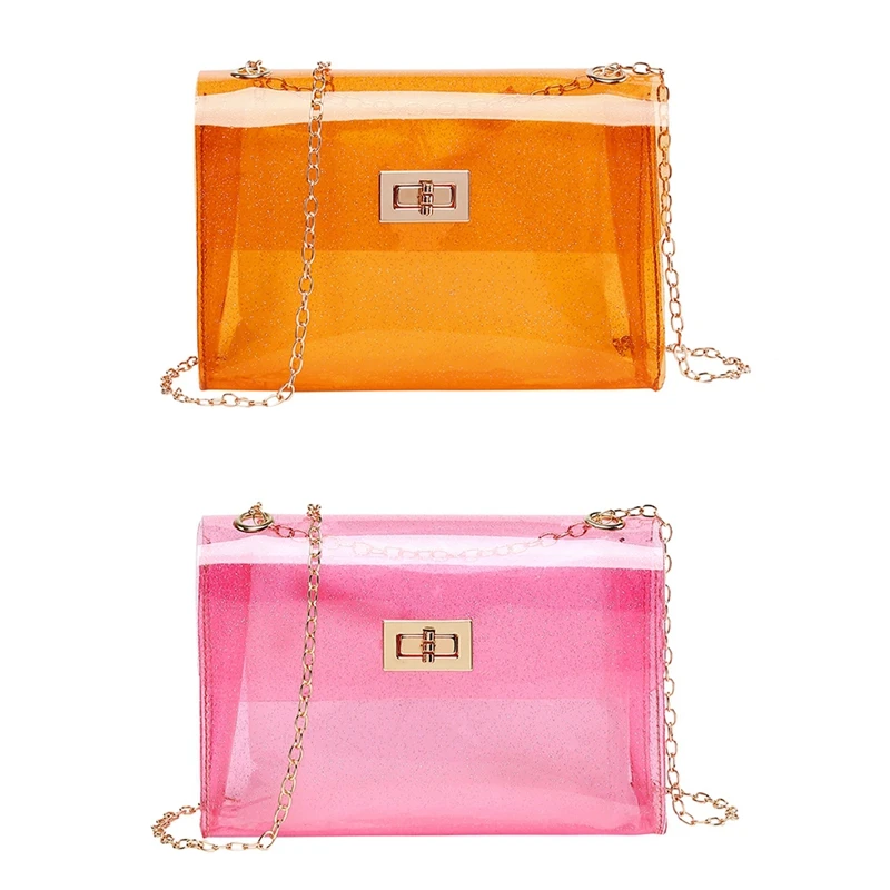 

2x Jelly Bag Shiny Candy Color Crossbody Handbag Girl Favorite Party Bag Messenger Shoulder Beach Bag Orange & Pink