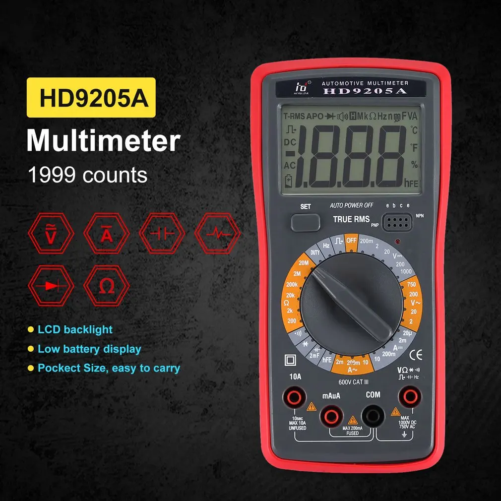 SZBJ HD9205A Ручной цифровой мультиметр 1999 отсчетов AC/DC Напряжение Ток Ом частота тестер Амперметр Вольтметр